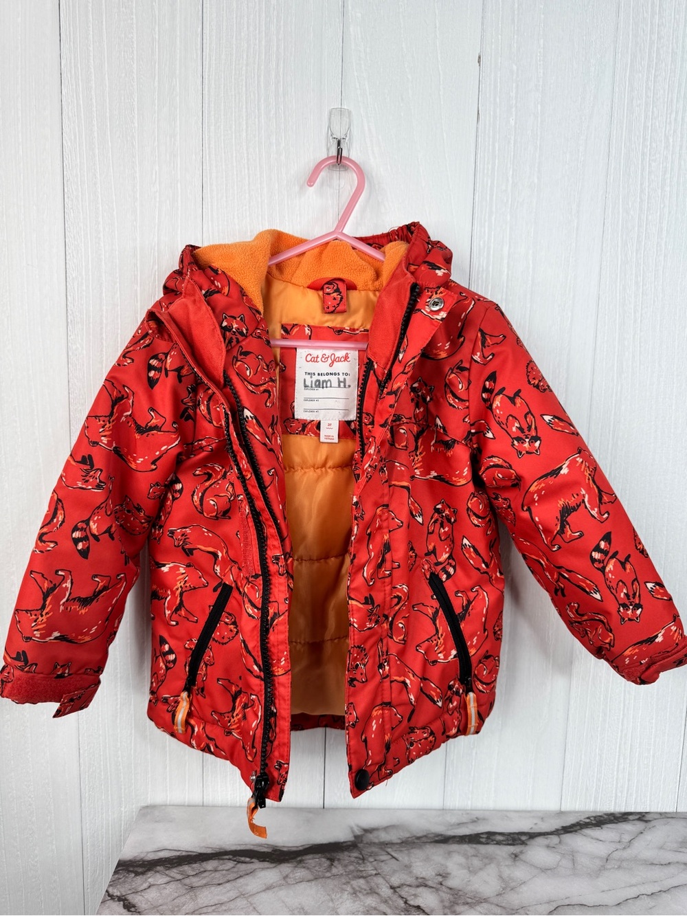 Cat & Jack Toddler Boys Orange Fox Print Puffer Jacket Size 3T